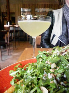 Calypso cocktail & arugula salad with stone fruit & almonds, CotognaSF